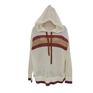Torrid Sweater Women 0 L White Stripe Hooded Boxy Open Knit Beachy Coastal